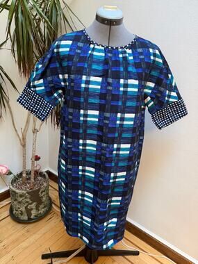 Weekend Max Mara Blue Plaid Shift Dress Geometric Cotton Blend